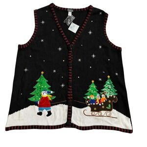 VTG Holiday Editions‎ Christmas Sweater Vest Embroidered Womens 2XL Snowman Sled